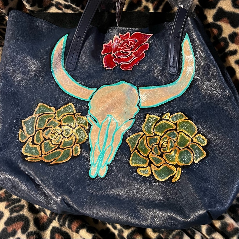 One of a Kind Painted Leather Cow Skull Tote